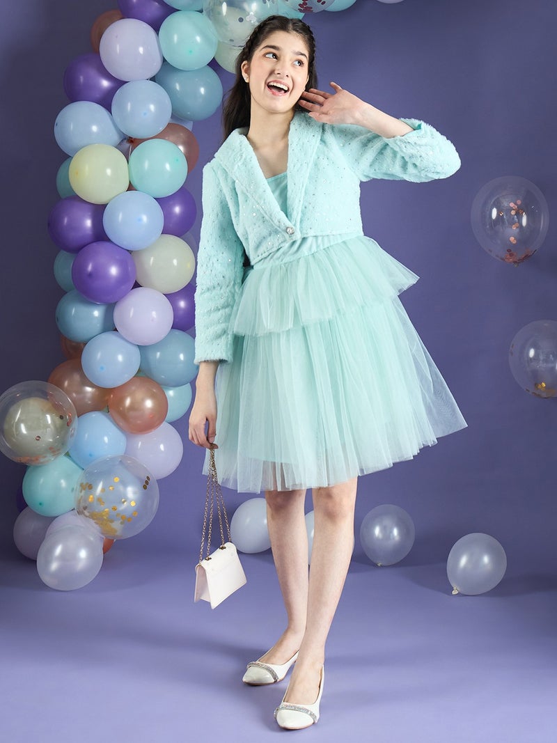 Cherry & Jerry Girl Fit and Flare Blue Glitter Faux Fur & Mesh Knee Length Dress - Image 4