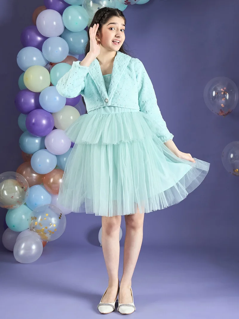 Cherry & Jerry Girl Fit and Flare Blue Glitter Faux Fur & Mesh Knee Length Dress