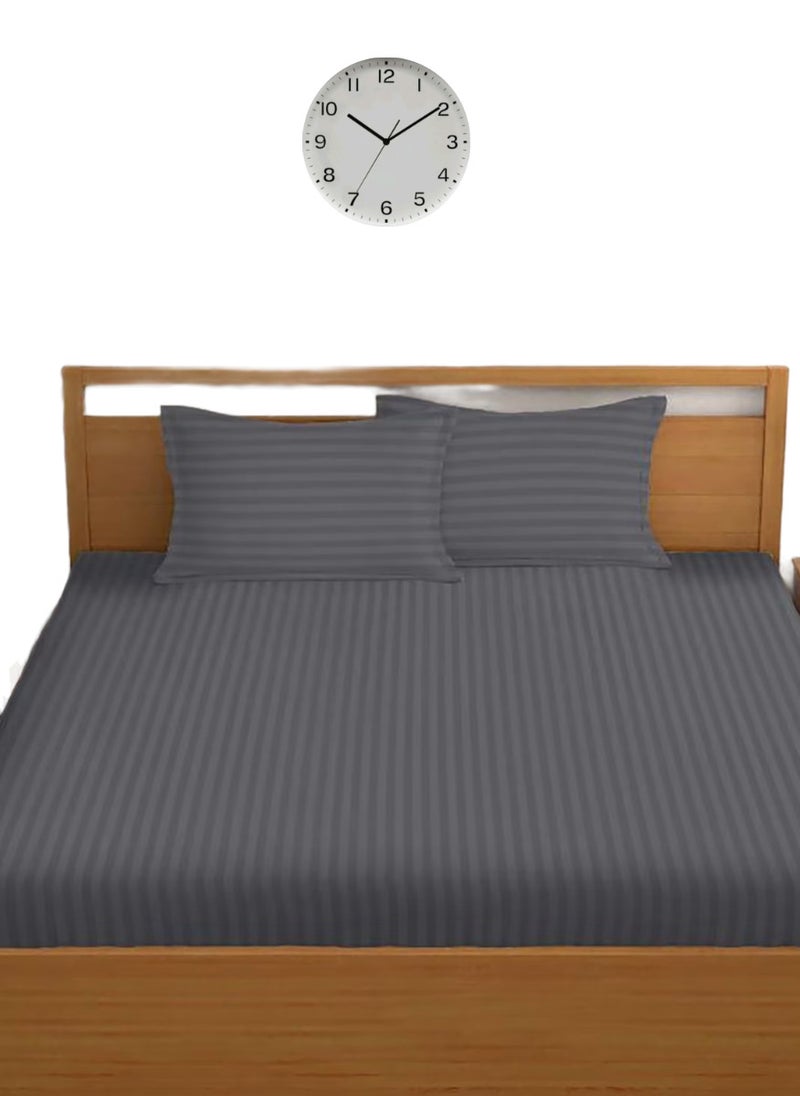 Blueberry Cloudy Grey Cotton Queen Striped Fitted Elastic Bedsheet Sets 180x200+25cm - Image 1