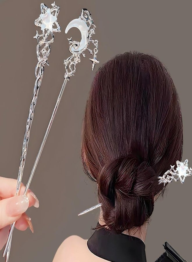 IPEWOEF 2pcs Star Moon Hair Sticks for Buns Long Hair Metal Silver Hair Stick Pin Hair Chopsticks for Women Chinese Hairpin Hair Pin Vintage Hair Pins Hair Chopstick Hairstick Hair Accessories for Gifts - Image 1