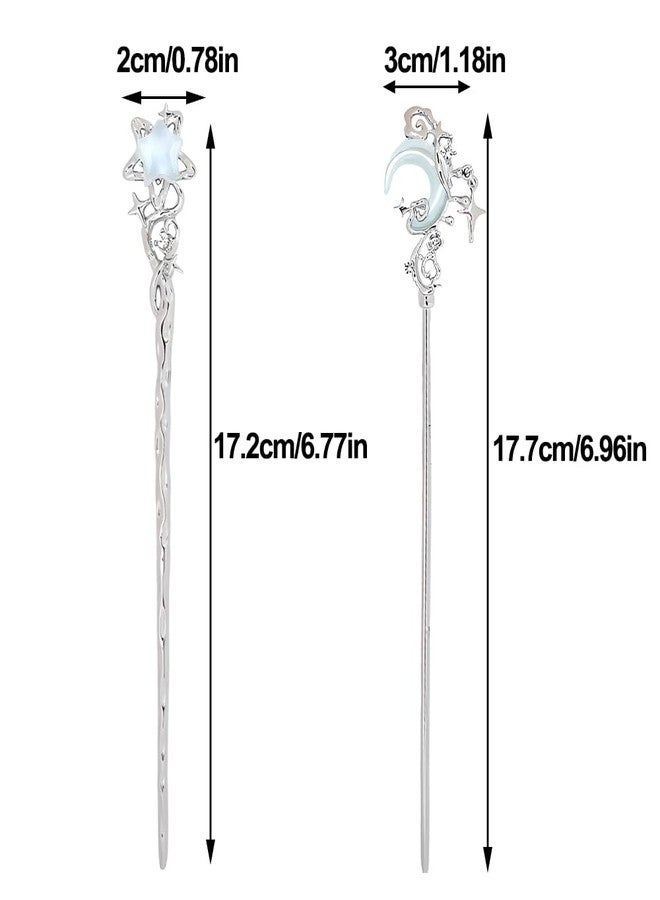 IPEWOEF 2pcs Star Moon Hair Sticks for Buns Long Hair Metal Silver Hair Stick Pin Hair Chopsticks for Women Chinese Hairpin Hair Pin Vintage Hair Pins Hair Chopstick Hairstick Hair Accessories for Gifts - Image 2