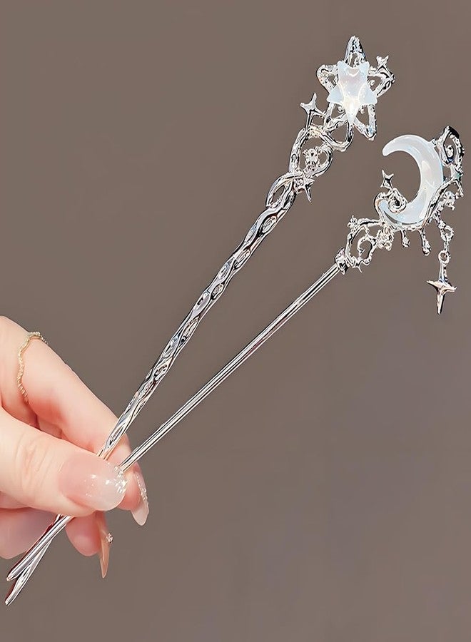 IPEWOEF 2pcs Star Moon Hair Sticks for Buns Long Hair Metal Silver Hair Stick Pin Hair Chopsticks for Women Chinese Hairpin Hair Pin Vintage Hair Pins Hair Chopstick Hairstick Hair Accessories for Gifts - Image 3