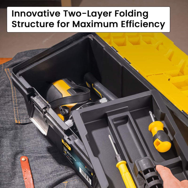 Deli DL-TC290 صندوق أدوات متعدد الاستخدامات 19" مع هيكل قابل للطي بطبقتين مشبك معدني ومقبض حمل متصل مجموعة أدوات يدوية PP للاستخدام المنزلي والمهني (1 قطعة) - Image 4