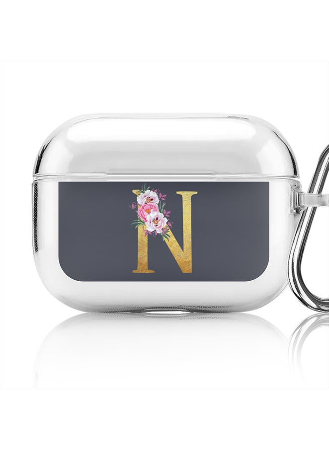 Classic Clear printed Case for Apple Airpods Pro Soft TPU Gel Thin Transparent Flexible Cover - Custom Monogram Initial Letter Floral Pattern Alphabet - N (Grey )