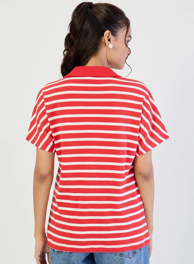 Femmella  Red Striped Polo Knit T-Shirt for Women | Best Price UAE