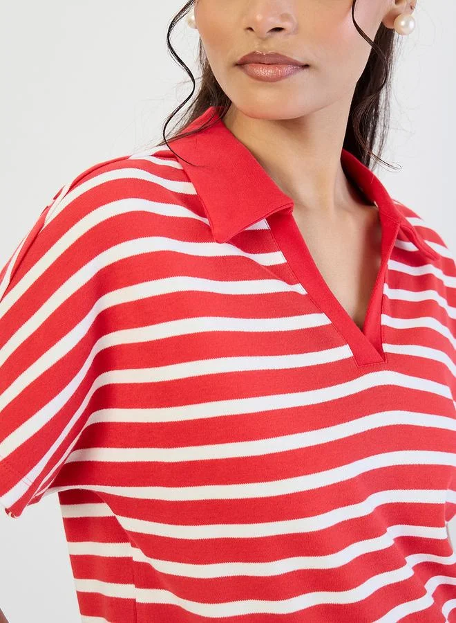 Femmella  Red Striped Polo Knit T-Shirt for Women | Best Price UAE