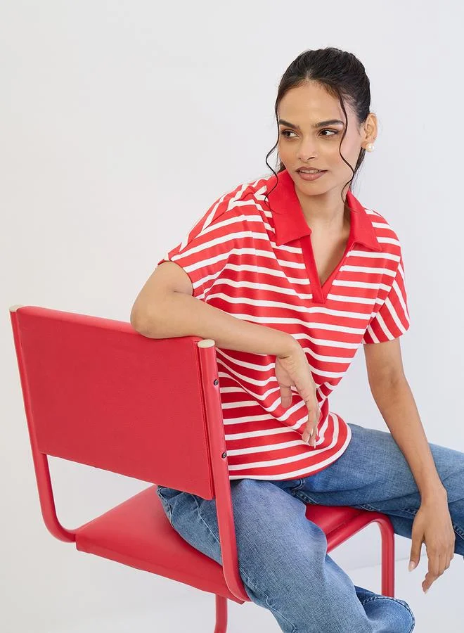 Femmella  Red Striped Polo Knit T-Shirt for Women | Best Price UAE