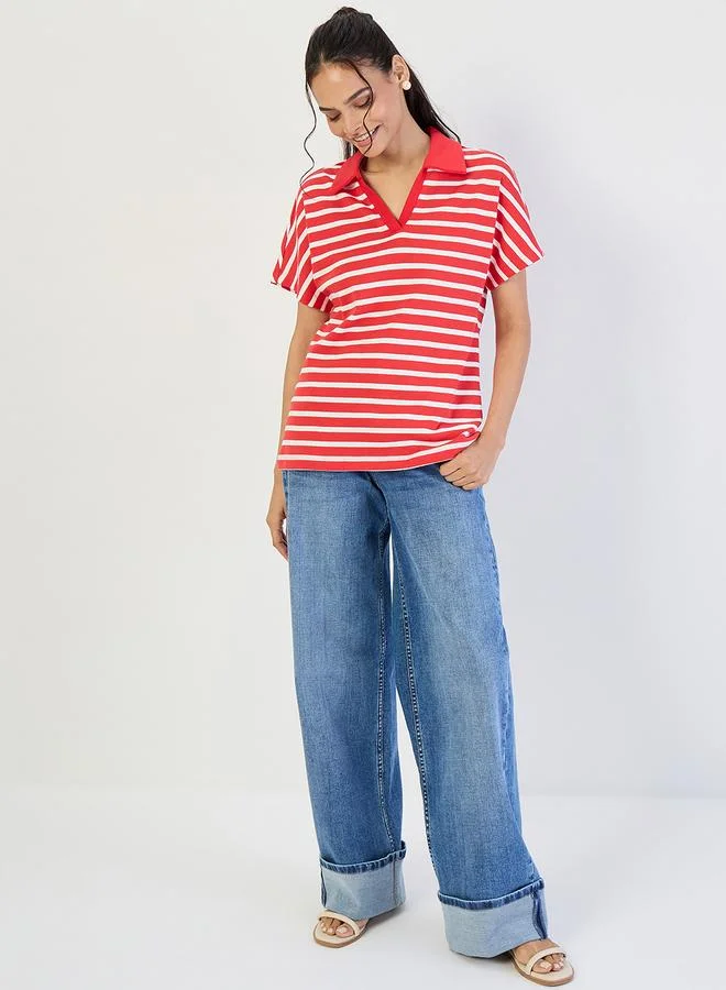 Femmella  Red Striped Polo Knit T-Shirt for Women | Best Price UAE