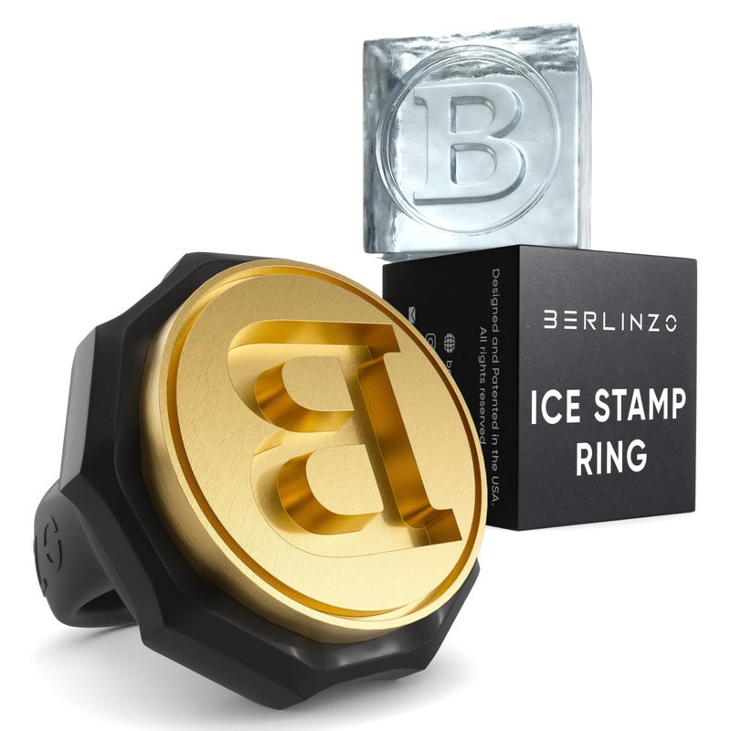 Berlinzo Ice Stamp Ring for Cube & Sphere - Custom Ice Cubes for Whiskey, Mojito Cocktails â€“ B Letter Shaped Brass Ice Stamp b/ 3mm Depth - Black - Image 1