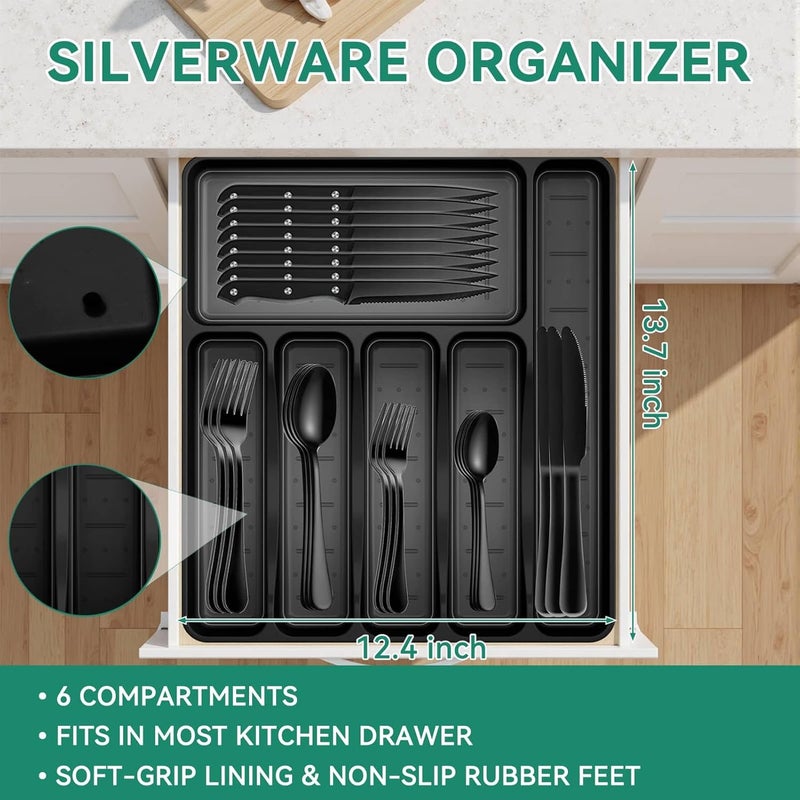 JUNLIN 49-Piece Black Silverware Set with Organizer, Stainless Steel Flatware Set for 8 with Drawer Tray, Cutlery Steak Knives Fork Spoon for Home Restaurant, Mirror Finish, Dishwasher Safe - Image 3