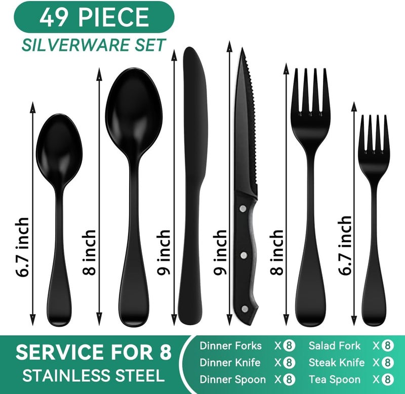 JUNLIN 49-Piece Black Silverware Set with Organizer, Stainless Steel Flatware Set for 8 with Drawer Tray, Cutlery Steak Knives Fork Spoon for Home Restaurant, Mirror Finish, Dishwasher Safe - Image 2