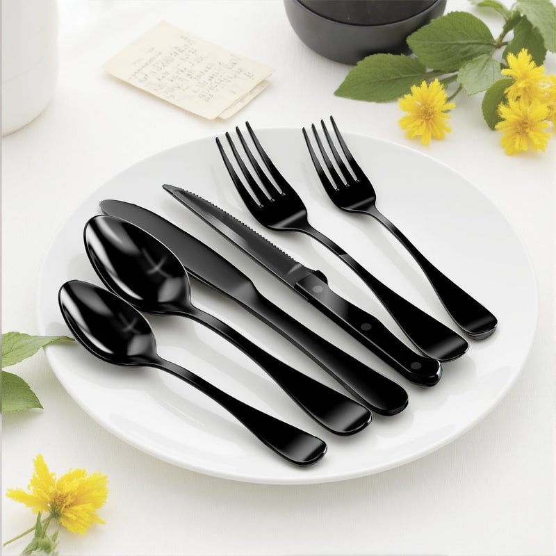 JUNLIN 49-Piece Black Silverware Set with Organizer, Stainless Steel Flatware Set for 8 with Drawer Tray, Cutlery Steak Knives Fork Spoon for Home Restaurant, Mirror Finish, Dishwasher Safe - Image 4