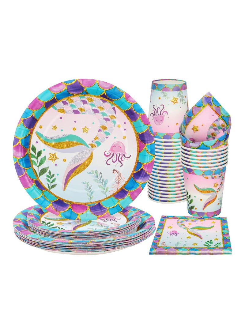SOLARAE Mermaid Theme Party Supplies, Mermaid Disposable Paper Plates Napkins Cups, Mermaid Decor for Girls Birthday Party, Mermaid Birthday Party Tableware Set for Girls Birthday Party (55PCS) - Image 1