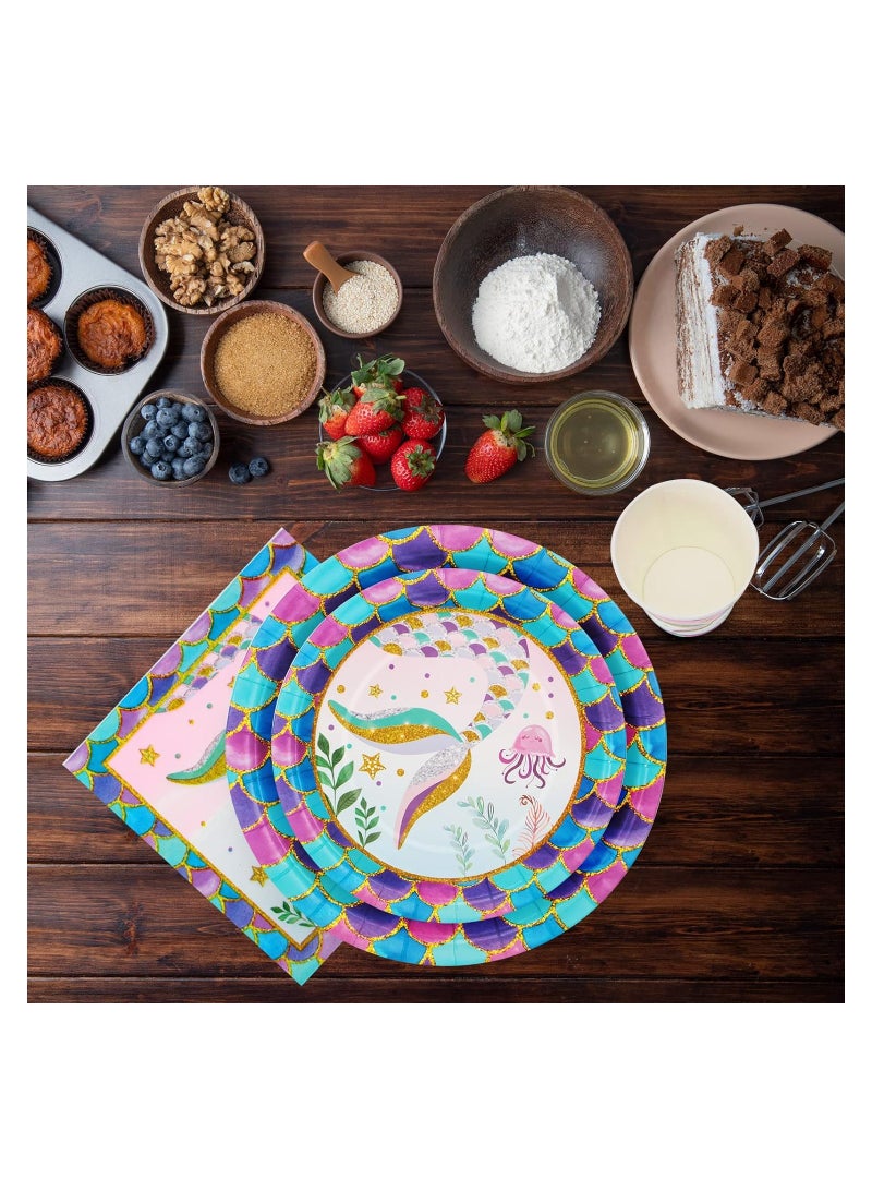 SOLARAE Mermaid Theme Party Supplies, Mermaid Disposable Paper Plates Napkins Cups, Mermaid Decor for Girls Birthday Party, Mermaid Birthday Party Tableware Set for Girls Birthday Party (55PCS) - Image 5