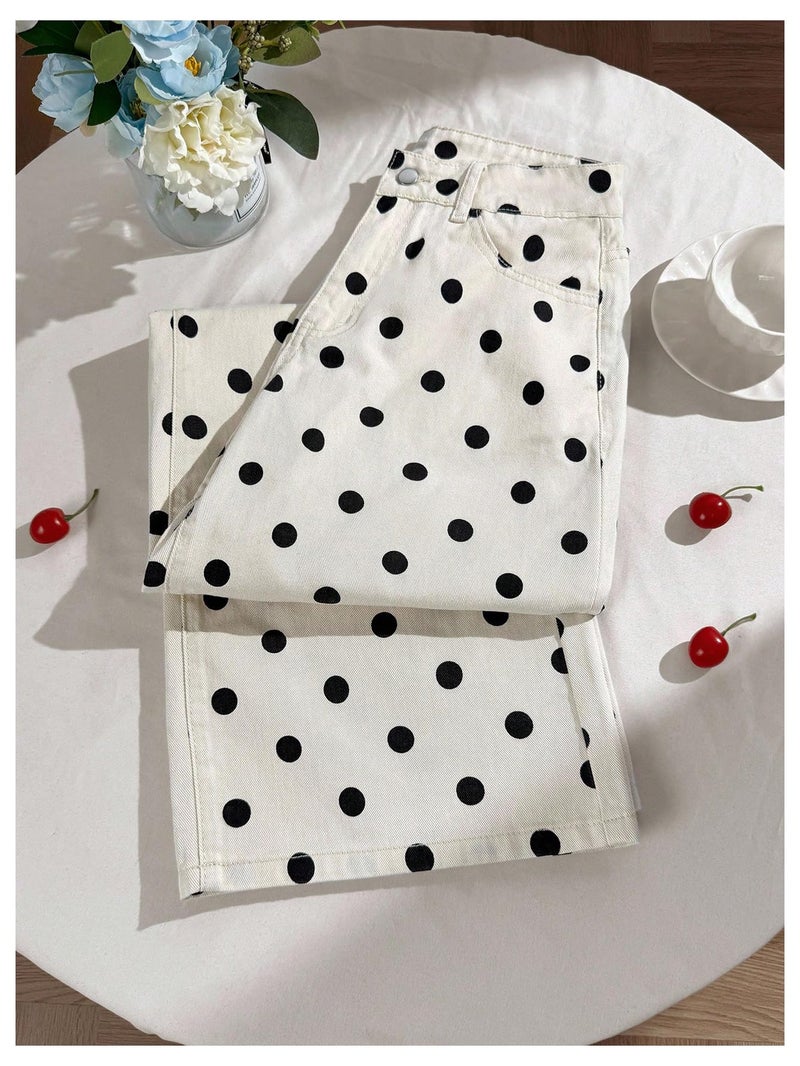 MakeMeChic Women's Polka Dots Straight Leg Jeans Vintage Denim Pants with Pocket Black and White 26 - Image 3