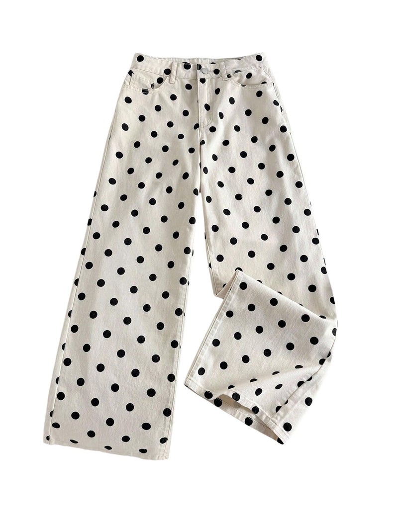 MakeMeChic Women's Polka Dots Straight Leg Jeans Vintage Denim Pants with Pocket Black and White 26 - Image 1