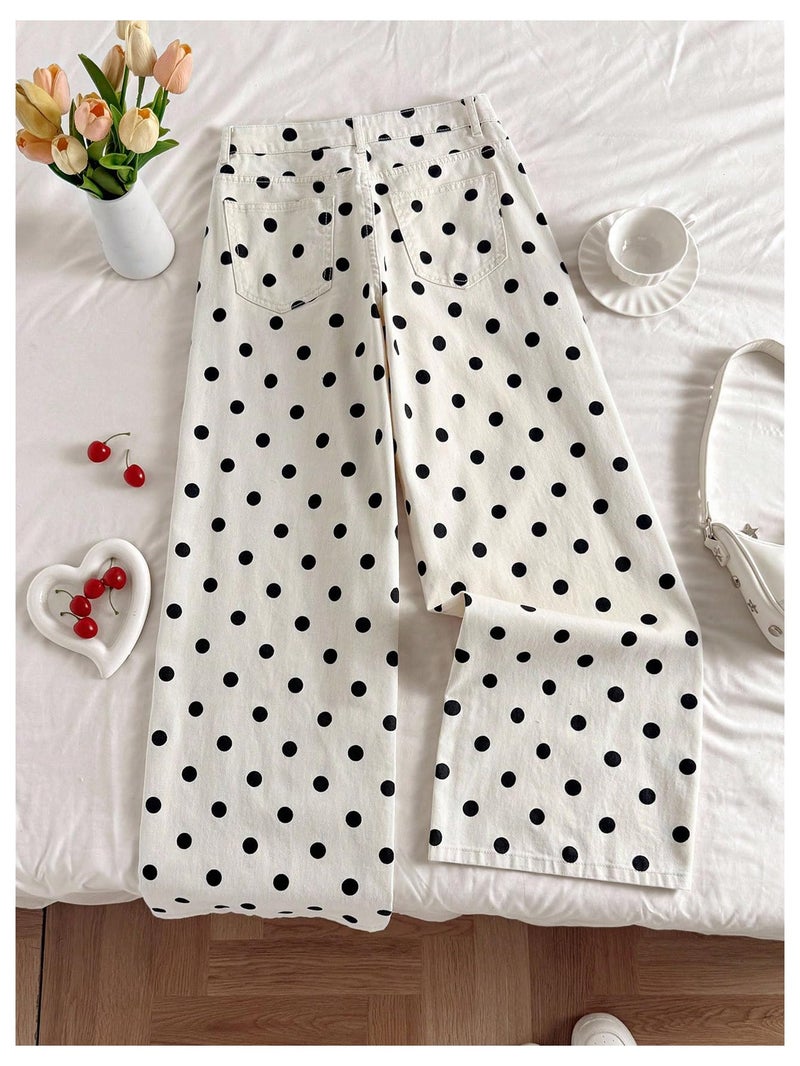 MakeMeChic Women's Polka Dots Straight Leg Jeans Vintage Denim Pants with Pocket Black and White 26 - Image 2