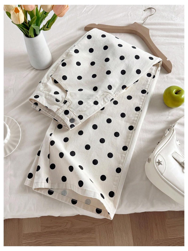 MakeMeChic Women's Polka Dots Straight Leg Jeans Vintage Denim Pants with Pocket Black and White 26 - Image 5