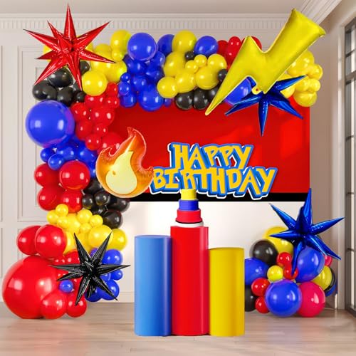yeewaka Red yellow Blue black balloon garland kit 130pcs with Flash lightining fire Starburst mylar balloons for Cartoon birthday poke theme ball Party decorations - Image 1