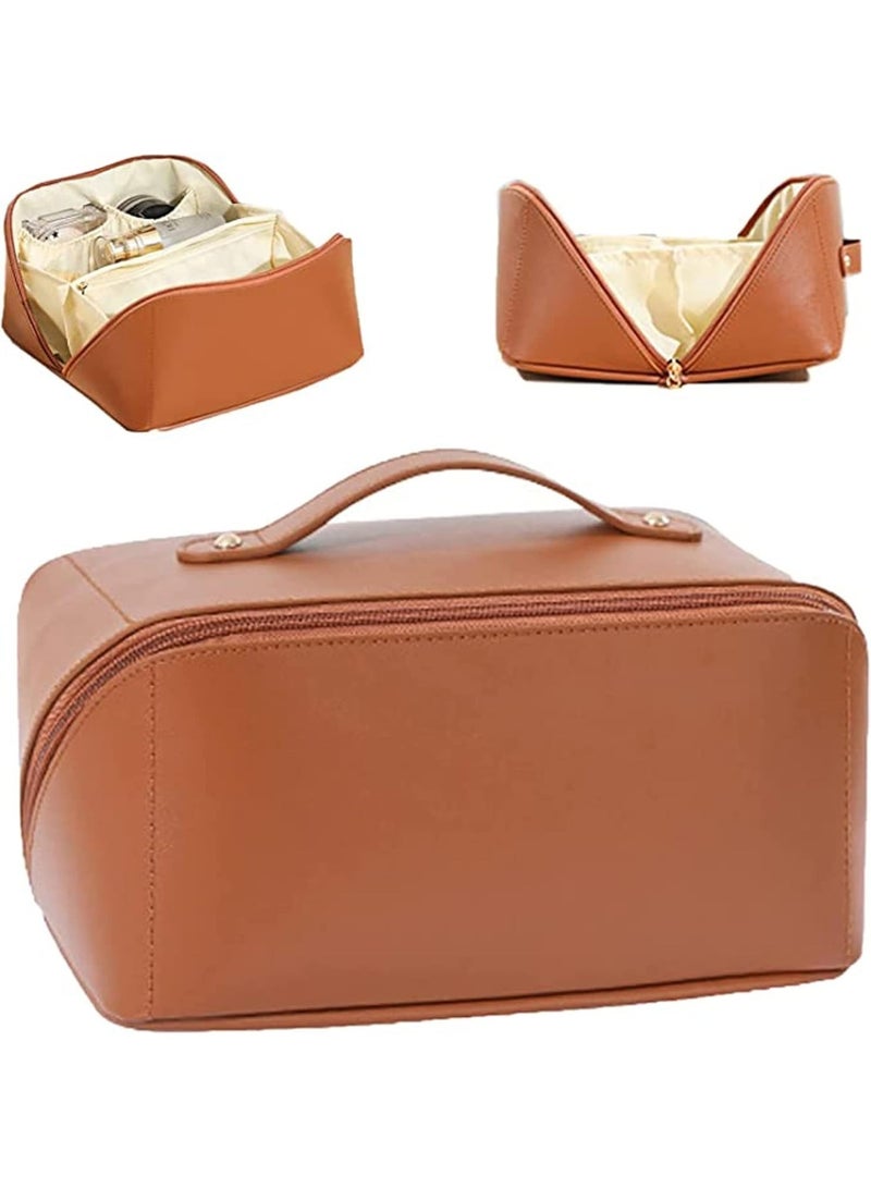 Women's Travel Cosmetic Organizer, Large Capacity Portable Makeup Bag in Stylish Leather with Handle and Divider, Convenient Travel Bag with Wide Opening (Brown) - Image 1