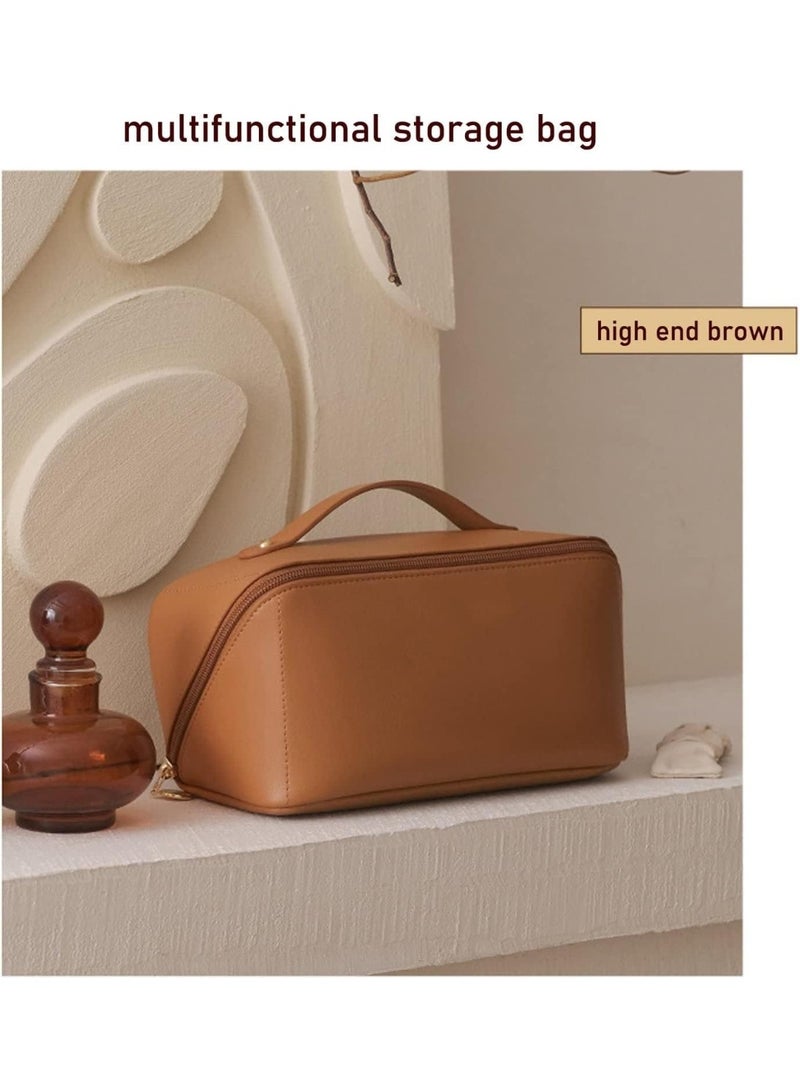 Women's Travel Cosmetic Organizer, Large Capacity Portable Makeup Bag in Stylish Leather with Handle and Divider, Convenient Travel Bag with Wide Opening (Brown) - Image 2