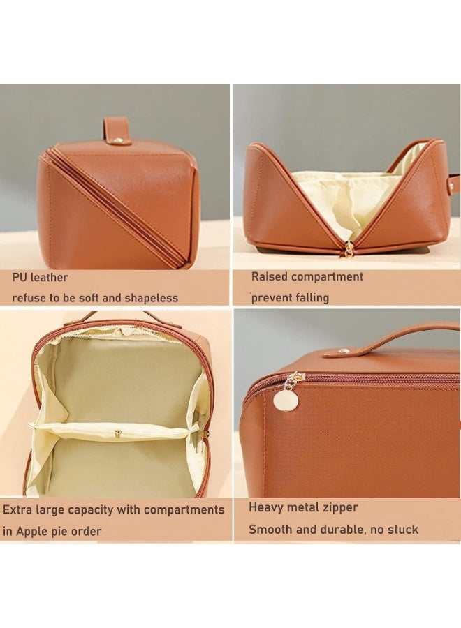 Women's Travel Cosmetic Organizer, Large Capacity Portable Makeup Bag in Stylish Leather with Handle and Divider, Convenient Travel Bag with Wide Opening (Brown) - Image 3