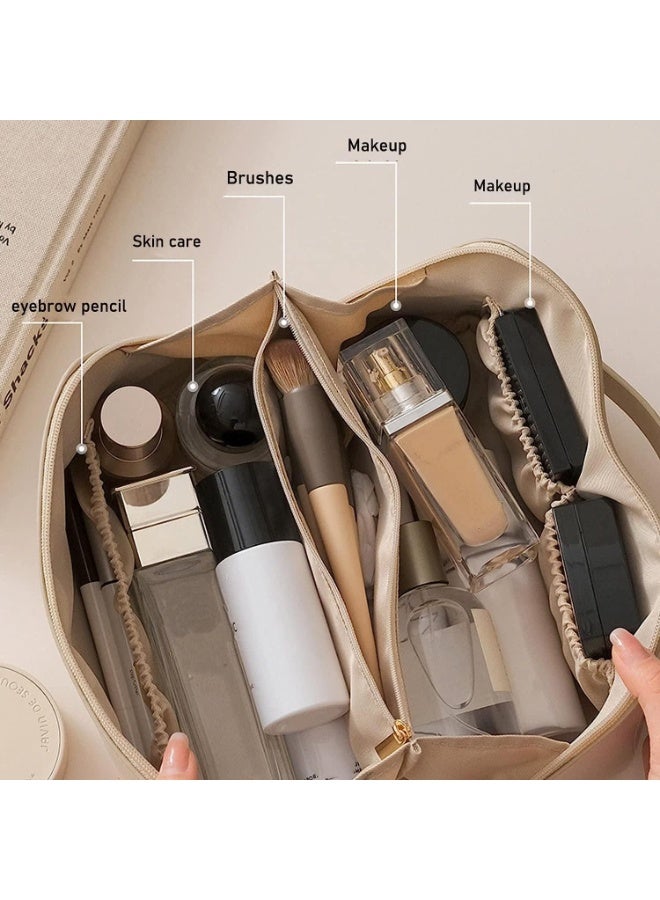 Women's Travel Cosmetic Organizer, Large Capacity Portable Makeup Bag in Stylish Leather with Handle and Divider, Convenient Travel Bag with Wide Opening (Brown) - Image 5