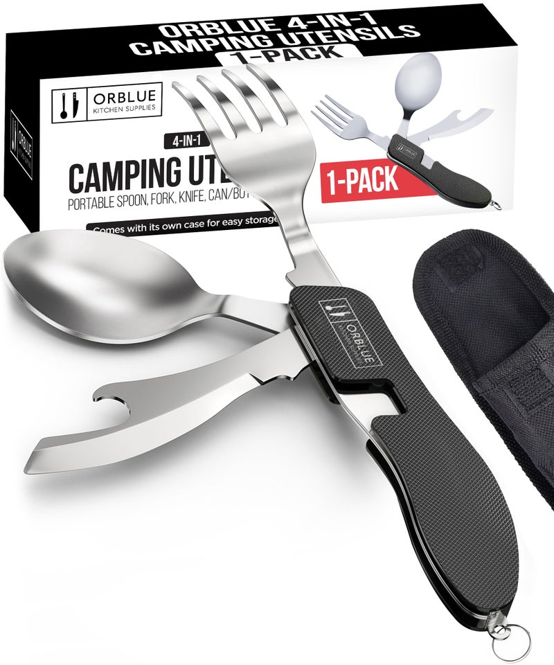 Orblue 4-in-1 Camping Utensils, 1-Pack, Portable Stainless Steel Spoon, Fork, Knife & Bottle Opener Combo Set - Travel, Backpacking Cutlery Multitool, Black - Image 1