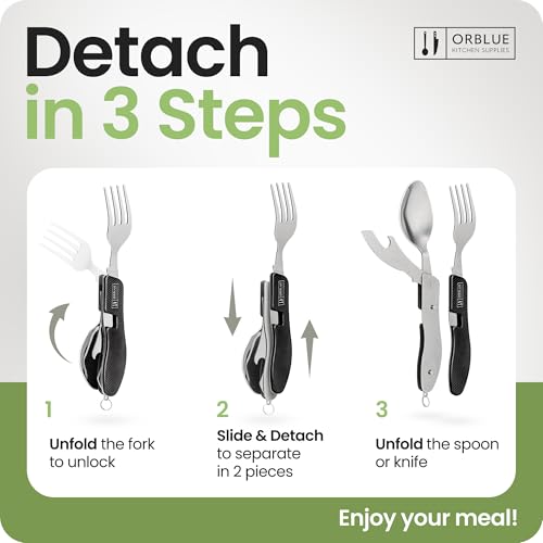 Orblue 4-in-1 Camping Utensils, 1-Pack, Portable Stainless Steel Spoon, Fork, Knife & Bottle Opener Combo Set - Travel, Backpacking Cutlery Multitool, Black - Image 3
