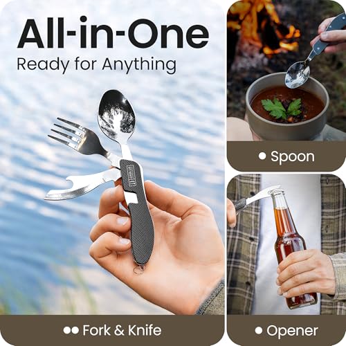 Orblue 4-in-1 Camping Utensils, 1-Pack, Portable Stainless Steel Spoon, Fork, Knife & Bottle Opener Combo Set - Travel, Backpacking Cutlery Multitool, Black - Image 2