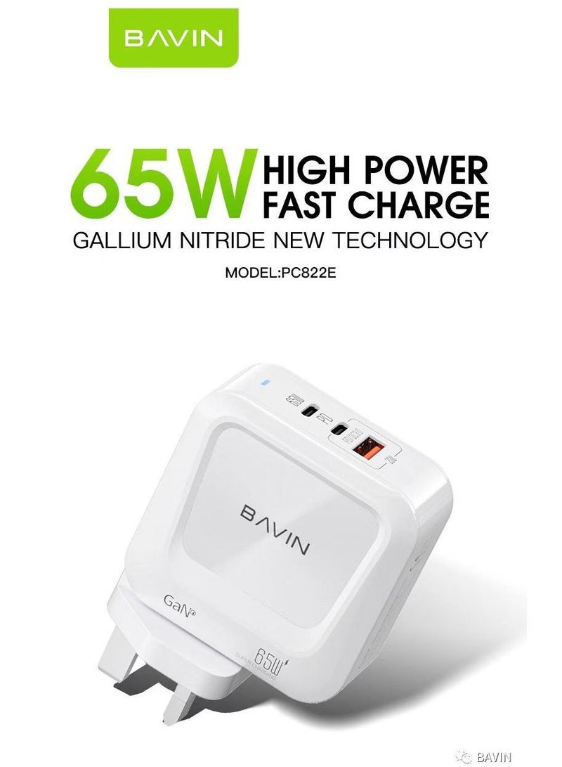 Bavin 65W GaN USB-C Fast Charger with Power Delivery and Quick Charge, 2x USB-C 1x USB-A Ports - Image 1