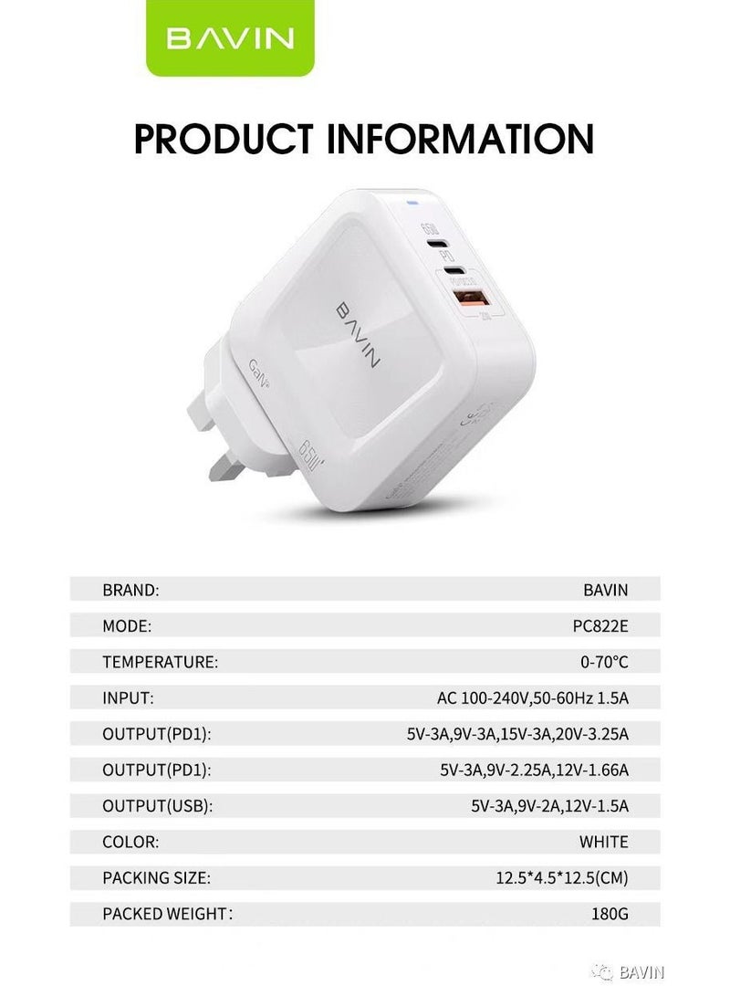 Bavin 65W GaN USB-C Fast Charger with Power Delivery and Quick Charge, 2x USB-C 1x USB-A Ports - Image 5
