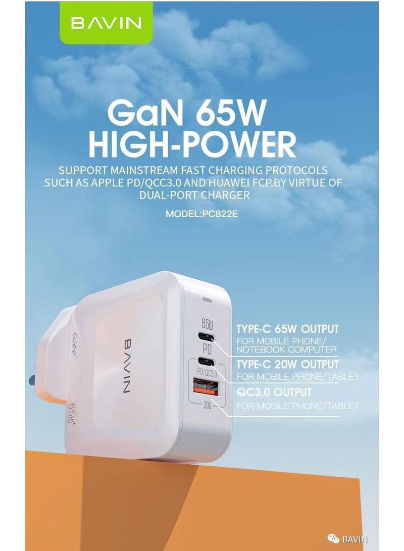Bavin 65W GaN USB-C Fast Charger with Power Delivery and Quick Charge, 2x USB-C 1x USB-A Ports - Image 2