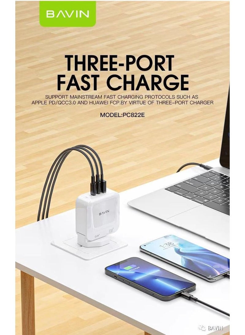 Bavin 65W GaN USB-C Fast Charger with Power Delivery and Quick Charge, 2x USB-C 1x USB-A Ports - Image 3