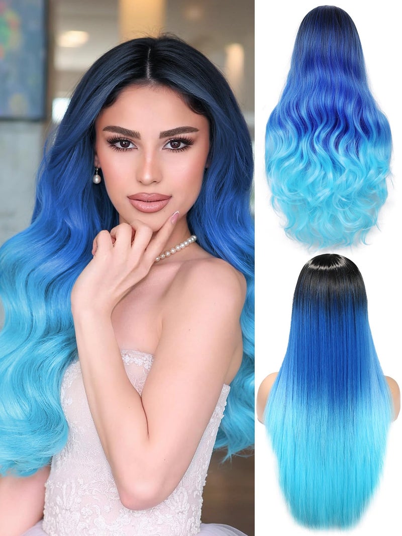 HANNE Long Blue Wavy Wigs for Women 26 Inch Middle Part Blue Ombre Wig Body Wave Long Curly Synthetic Wig Heat Resistant Black and Blue Wigs Colorful Hair Wigs for Daily Party Cosplay Use Ombre Blue
