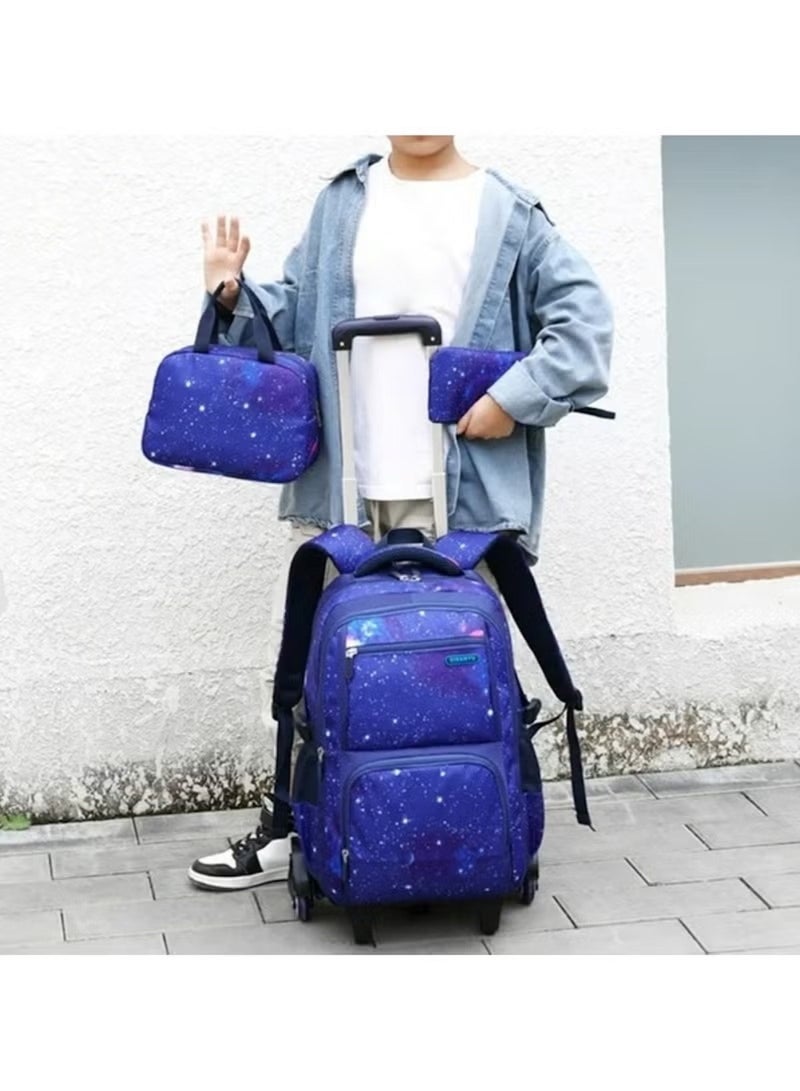 Huitich Galaxy Print 3-in-1 Trolley School Backpack Set with Lunch Bag & Pencil Case â€“ Durable Rolling School Bag - Image 2