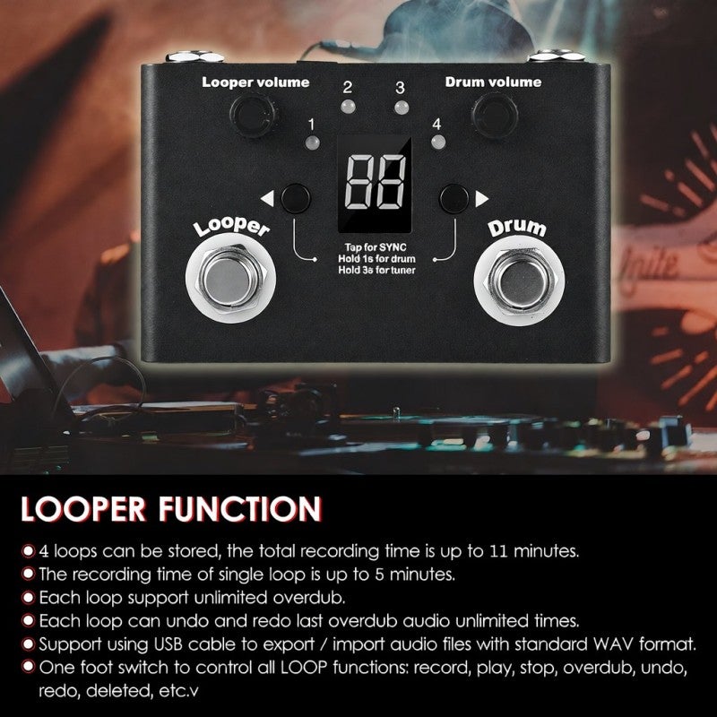 KOKKO Multifunctional Drum & Looper Effect Pedal Tuner BT Page-Turner Phrase Loop Recording Drum Machine Effect Compact Pedal Portable Musical Instrument Effect Pedal Digital Tuner - Image 5