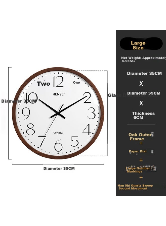 Hense Solid Wood Wall Clock Living Room Home Creative Simple High-end Quartz Clock Hw89 Oak 35cm - Image 3