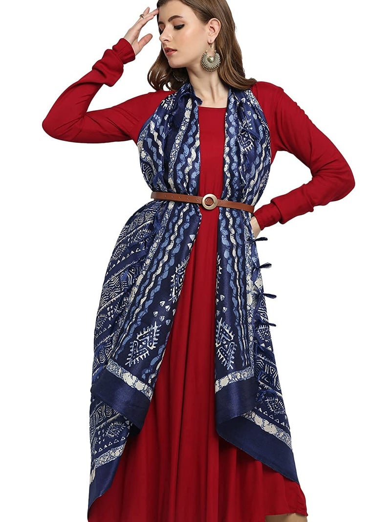 KEMZA Women's Block Printed Cotton Silk Dupatta (Indigo Blue_Free size) - Image 1