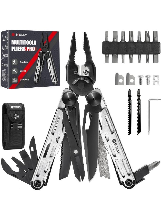 BIBURY Multitools, Multi Tool Foldable Pliers With Upgraded Scissors And Screwdriver Set, Stainless Steel Multitools - Pro, Ideal For Camping, Outdoor, Repairing - Gift For Dad Men - Black  - Image 1