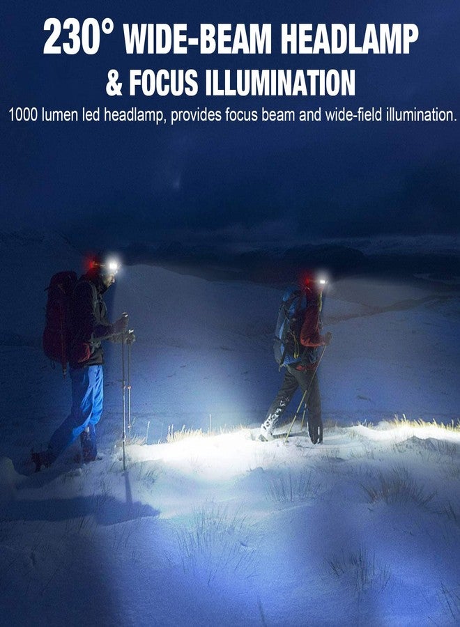 مصباح رأس Spriak LED، بقوة 1000 لومن وشعاع عريض بزاوية 230 درجة، قابل لإعادة الشحن عبر منفذ USB مع ضوء خلفي أحمر، خفيف الوزن ومقاوم للماء، يُعلق على الرأس للتخييم والجري والمشي لمسافات طويلة، مصباح رأس مناسب للخوذة الصلبة - Image 2