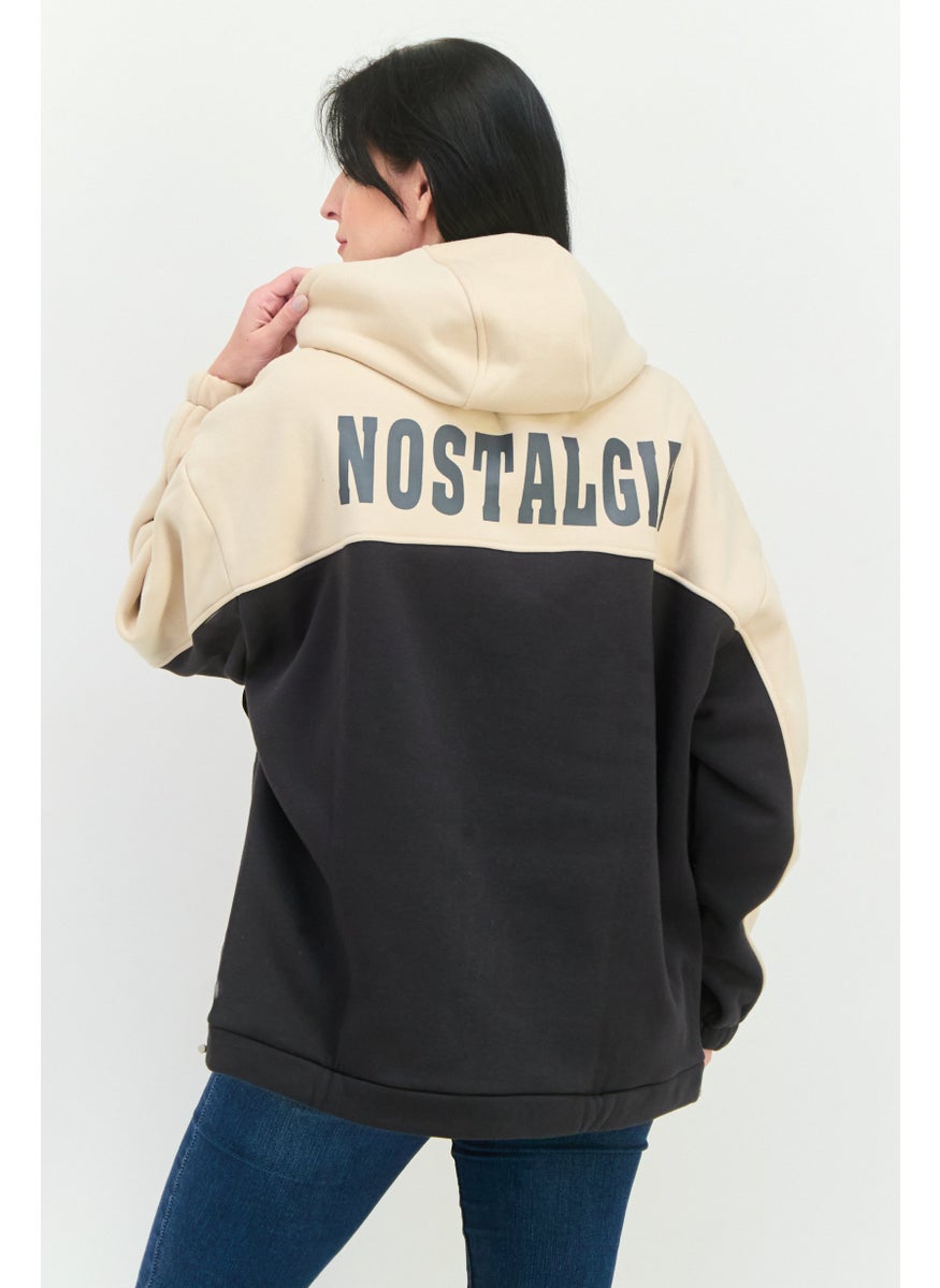 STEVE MADDEN - Women Hooded Long Sleeve Colorblock Sweatshirts, Beige - Image 1