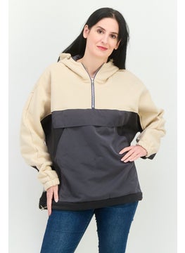 Women Hooded Long Sleeve Colorblock Sweatshirts, Beige
