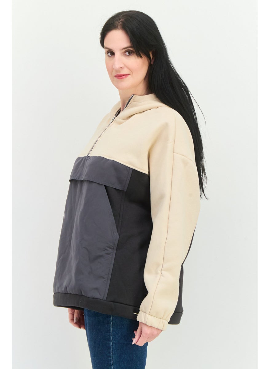 STEVE MADDEN - Women Hooded Long Sleeve Colorblock Sweatshirts, Beige - Image 1