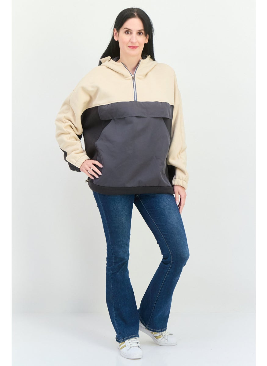 STEVE MADDEN - Women Hooded Long Sleeve Colorblock Sweatshirts, Beige - Image 1