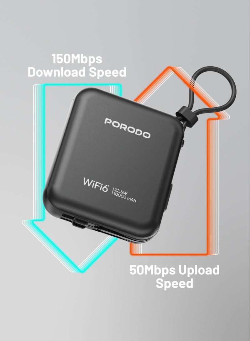 porodo Unique Pocket Router 4G LTE/Wi-Fi 6 and 10000mAh Power Bank PD 22.5W / Built-in Type-C and Lightning Cables / Secure Connection / 8 Connected Devices /High Speed Upload and Download Router / High Capacity Powerbank - Black  - Image 4