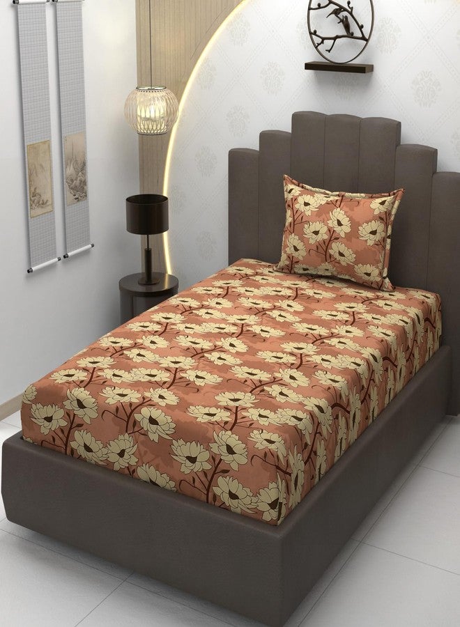 TIB Presents Luxurious Glace Cotton Super Soft 210 TC Elastic Fitted Bedsheets Single Size (78X36X10 Inch) 360° with 1 Pillow Cover, 45x70 cm (Flower Brown, Same Pillow Single Fitted) - Image 1