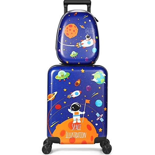 Weewooday Kids Luggage and Backpack 18" Suitcase with Spinner Wheel Hard Case Travel 13" Backpack Girl Suitcase Set for Kids Travel Supplies(Blue,Spaceman Style) - Image 1