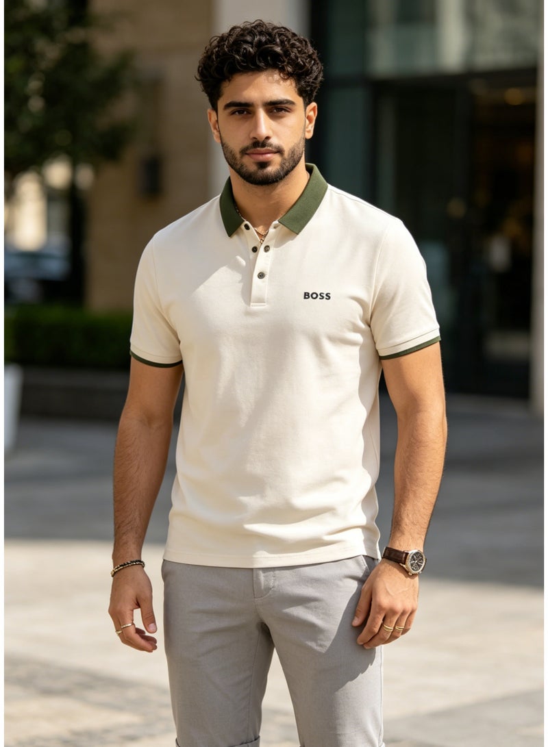 BOSS Men's Contrast Collar Short Sleeve Polo Shirt - Off-White - Image 4