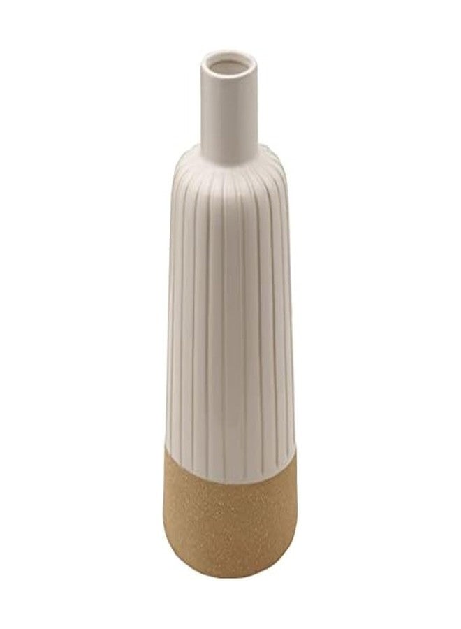 Elements Textured Stripe White and Tan Ceramic Vase, Use to Display Faux or Dried Flowers, 5.12x5.12x14.57 Inch - Image 1